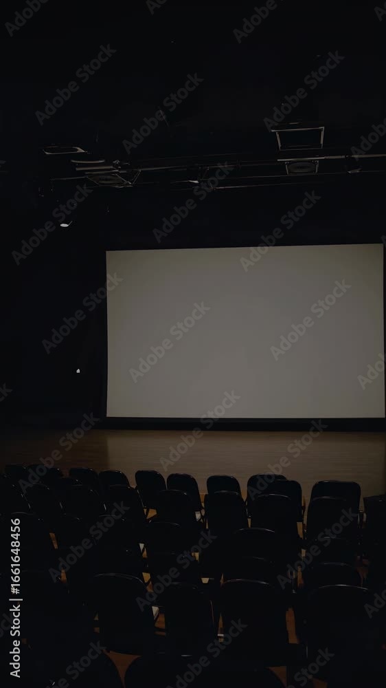 Poster a dimly lit theater with rows of empty seats facing a large blank screen, captured from a low angle,