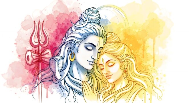 Lord shiva and goddess parvati in a tender embrace with a trishul