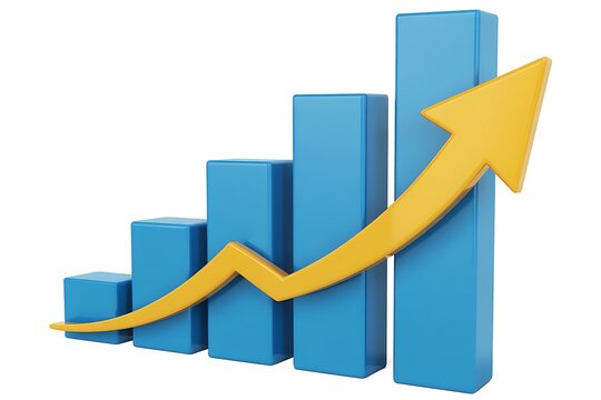 Blue bar graph with a yellow arrow showing upward trend and growth