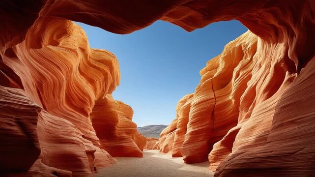 Canyon's Serenity: Witness the captivating splendor of a sun-drenched canyon, its rugged sandstone walls sculpted over millennia by nature's artistry. The pristine blue sky offers a striking contrast.