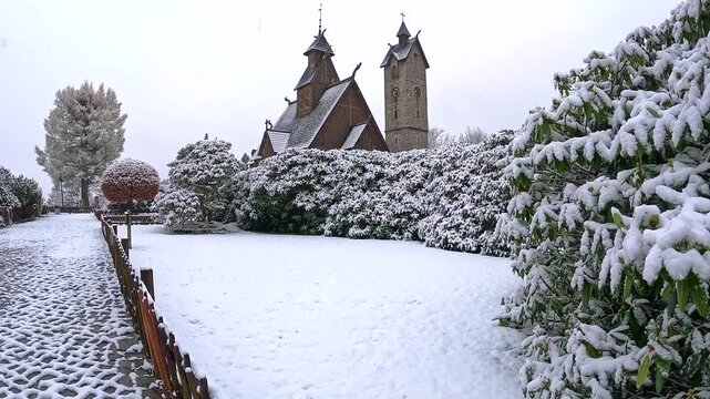 2024-11-2024; winter view wang stave church. Karpacz, Karkonoski National Park, Poland