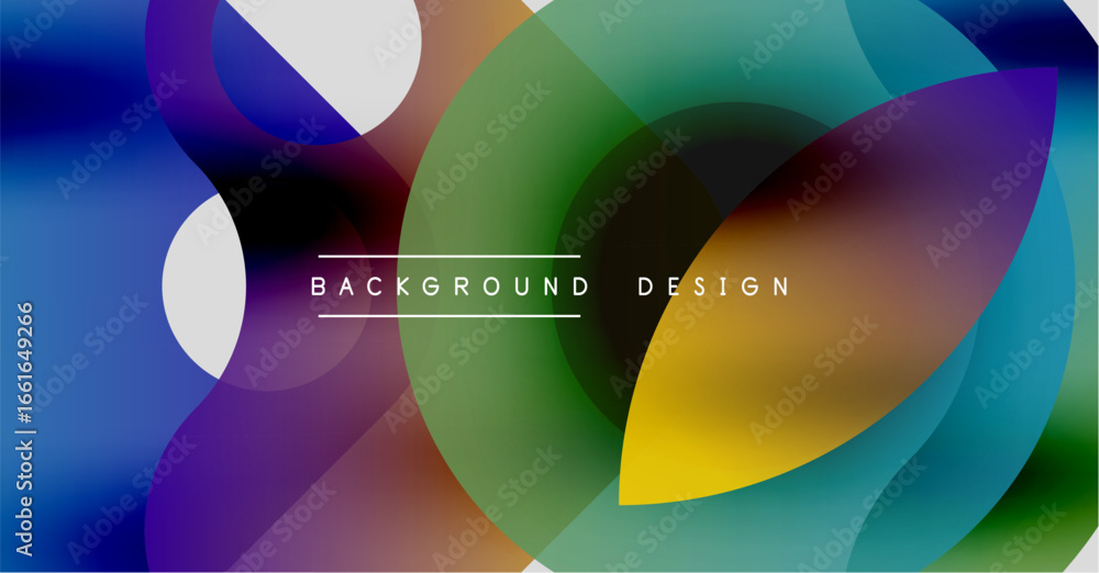 Poster abstract colorful shapes overlap, creating dynamic visual effect. gradient hues blend, forming moder