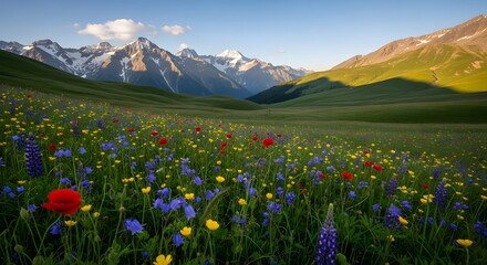 Fototapeta premium A vibrant meadow filled with wildflowers beneath snow capped mountains on a sunny day landscape view