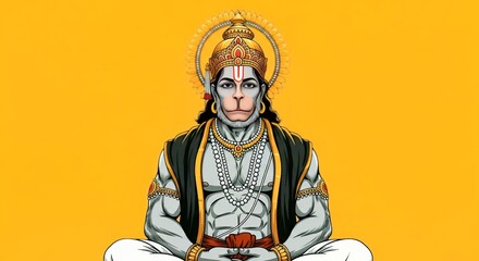 Lord hanuman seated in meditation with ornate headdress and jewelry