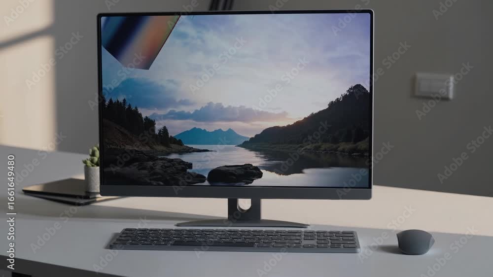 Poster modern desktop setup with a sleek monitor displaying vibrant abstract graphics. side angle shot, per