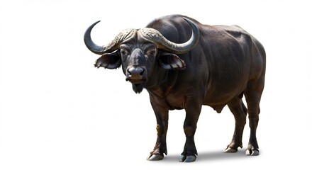 Obraz premium Buffle noir puissant pose fi�rement fond blanc lumi�re naturelle intense. AI Generated