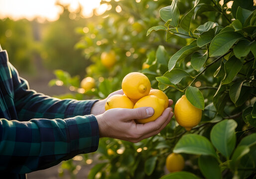 Hands Holding Fresh Lemons from Tree, Sunny Orchard Harvest Scene