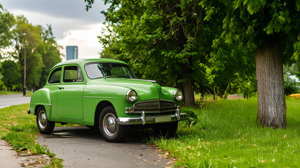 A vibrant green classic car from the 1950s is parked on a wet asphalt road next to a lush grassy park, highlighting a blend of nostalgic design and natural serenity.
