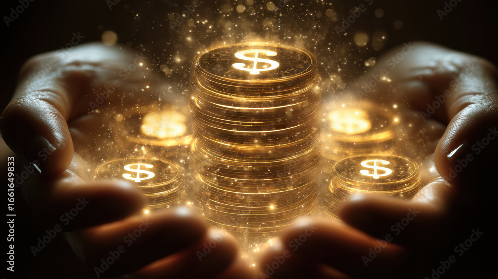 Poster pair of hands holds glowing stack of coins, symbolizing wealth and prosperity. coins are illuminated