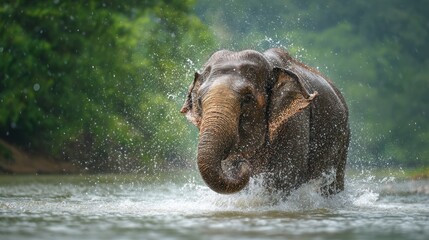 Elephant splashing in river