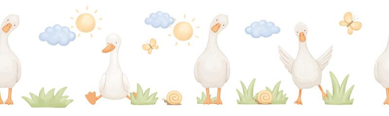 Seamless watercolor border with cute goose in grass and sun. Funny animals in nature. Hand drawn illustrations set
