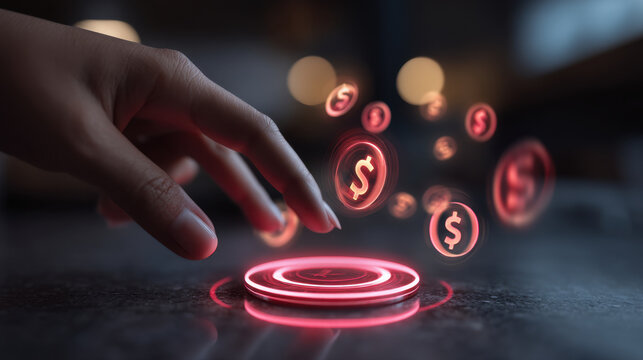 Hand reaches towards glowing button with floating dollar signs, symbolizing financial transactions and digital currency. scene conveys sense of innovation and modern finance