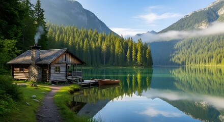 Naklejka premium A cabin by a serene lake surrounded by lush green forest and towering mountains under a clear sky