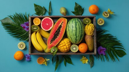 Tropical fruit arrangement in a wooden crate