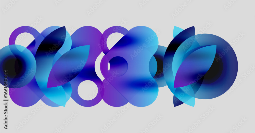 Poster abstract composition featuring overlapping circles. shades range from vibrant blues, purples, white 