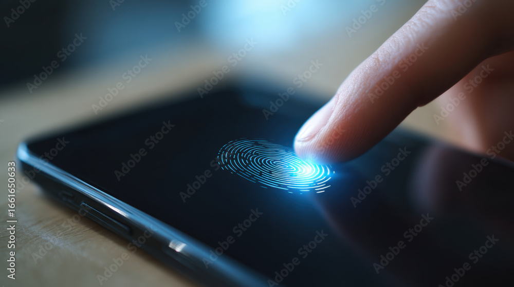 Poster close up view of finger touching smartphone screen, activating fingerprint scanner. glowing fingerpr