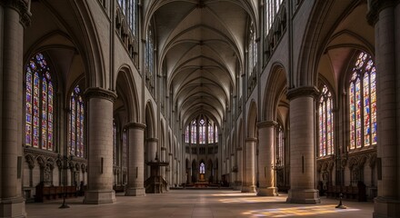 Interior view of a cathedral featuring stained glass windows and gothic architecture and columns and arches