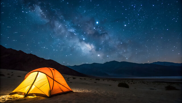 Cozy tent glowing under a starry night sky, with mountain silhouettes in the background.