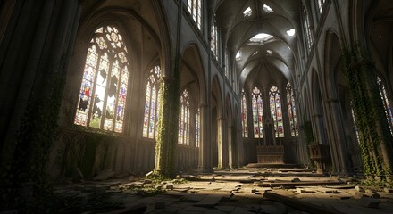 Interior view of an abandoned church with stained glass windows and overgrown vegetation on the pillars