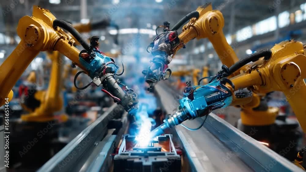 Poster robotic arms at work: a state-of-the-art industrial scene showcasing robotic arms engaged in a preci