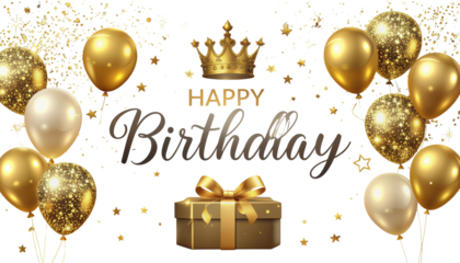 Happy birthday celebration background with golden balloons crown gift box and sparkling confetti isolated on white background 