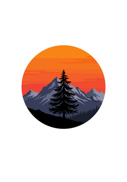 Silhouette of a tall evergreen tree standing before a mountain range under an orange and red sunset sky, all contained within a circular frame.