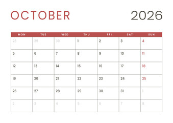 Monthly page Calendar Planner Template design of October 2026. Vector layout of calendar with week start Monday for Scheduling. Page for size A4 or 21x29.7 cm