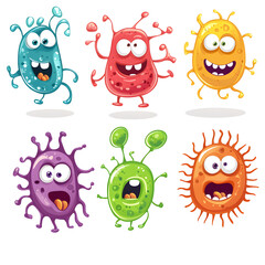 Fototapeta premium Vibrant Cartoon Germs Characters Set - Playful, Colorful 3D Microorganisms on White Background