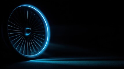 Close-up of a glowing neon bicycle wheel illuminated in dark environment