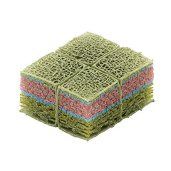 Ultra-magnified plant cell wall with intricate cellulose microfibrils, pectin, and hemicellulose networks on a transparent, shadowless background, 3/4 isometric view, concept of microscopic biological