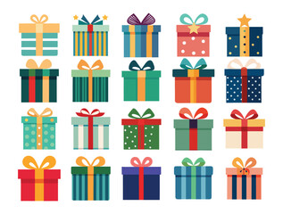  Colorful collection of gift boxes with ribbons and bows on white background