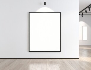 Modern art gallery interior featuring blank framed art, illuminated by spotlights, and wooden flooring.