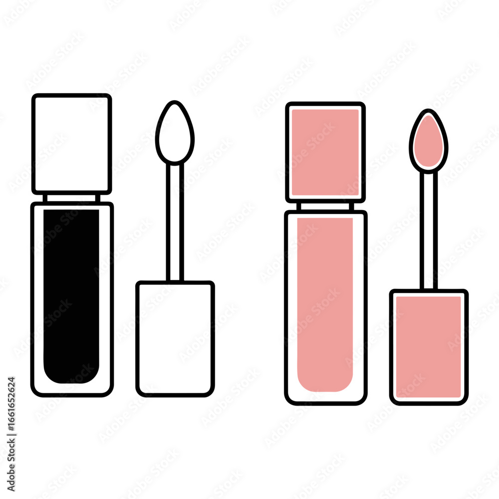 Poster illustration of two lip gloss containers with applicators in black and pink color on transparent bac