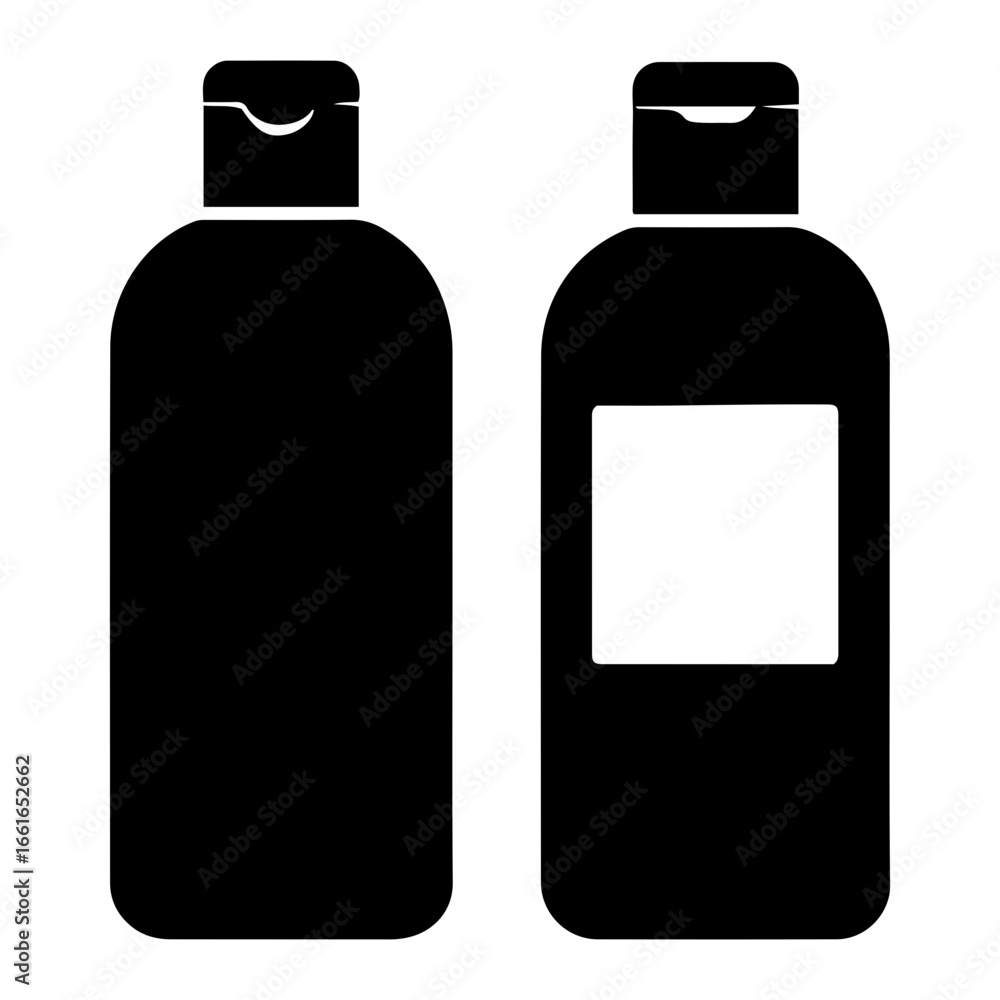 Poster two black bottles with flip top caps one with a white label on the front side on transparent backgro