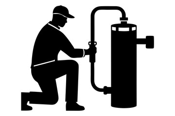 Technician Repairing Water Heater Silhouette Icon