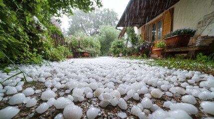 Hailstorm Damage on Garden Path with Accumulated Hailstones
