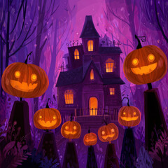 Fototapeta premium Spooky Halloween Scene with Pumpkins and Haunted House Design