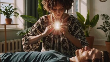 Relaxing wellness therapy with woman performing holistic healing, glowing energy light in hands, symbol of balance, stress relief, alternative health and wellbeing