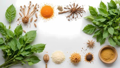 Top view photo of Asian fresh ingredient and spices on white background
