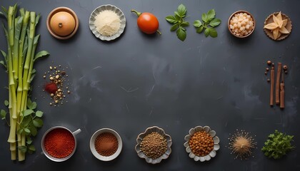 Top view photo of Asian fresh ingredient and spices on rustic dark background