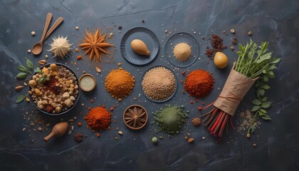Top view photo of Asian fresh ingredient and spices on rustic dark background