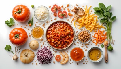 Top view photo of Asian fresh ingredient and spices on white background