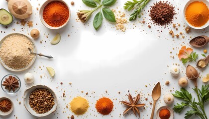 Top view photo of Asian fresh ingredient and spices on white background