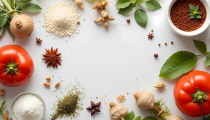 Top view photo of Asian fresh ingredient and spices on white background