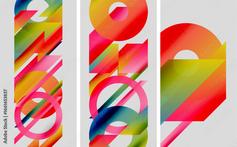 Poster abstract geometric artwork. colorful shapes overlap, creating dynamic composition. gradient hues dom