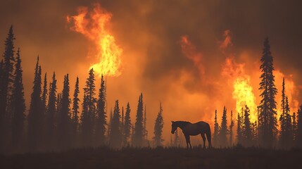 Wildfire's Embrace A Horse in the Midst of Flames and Smoke in the Wilderness
