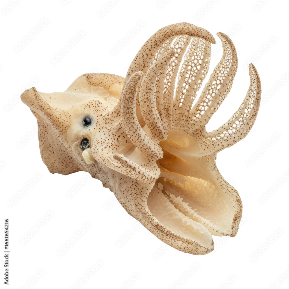 Poster uhd photograph of a single cuttlebone showcasing intricate internal structure, delicate chambers, an