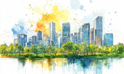 Fototapeta premium Stylized drawing of a vibrant cityscape with sustainable urban renewal. The image highlights mixed-use development, public infrastructure, and landscape planning for a greener, more, Generative AI
