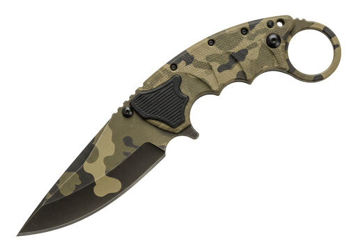 Camouflage karambit knife curved blade finger ring hunting survival tool military equipment vector graphic product illustration