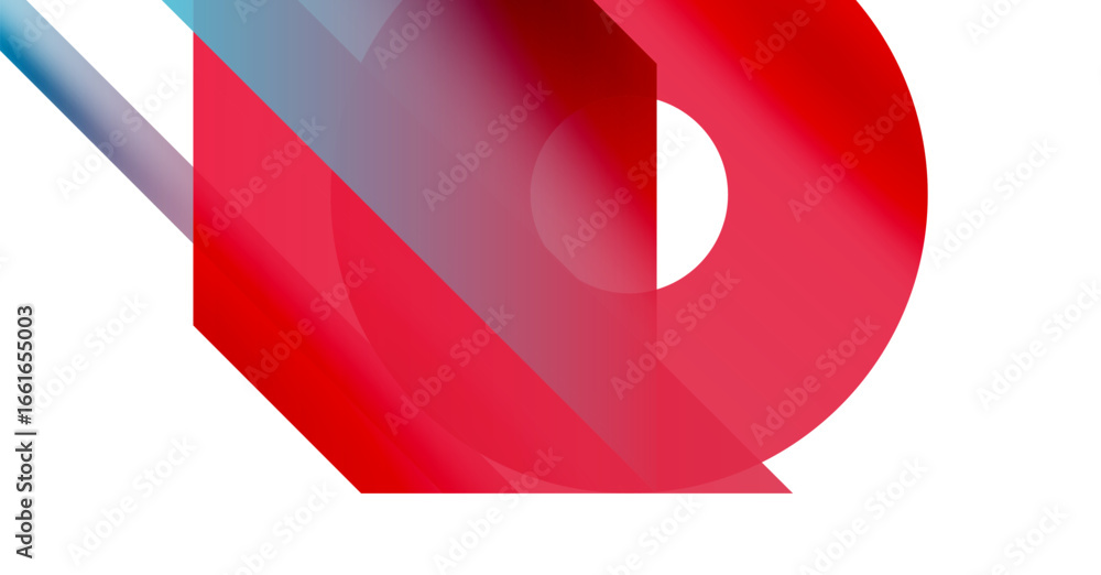 Poster abstract design features overlapping red shapes, blue accent. modern composition, gradients create d
